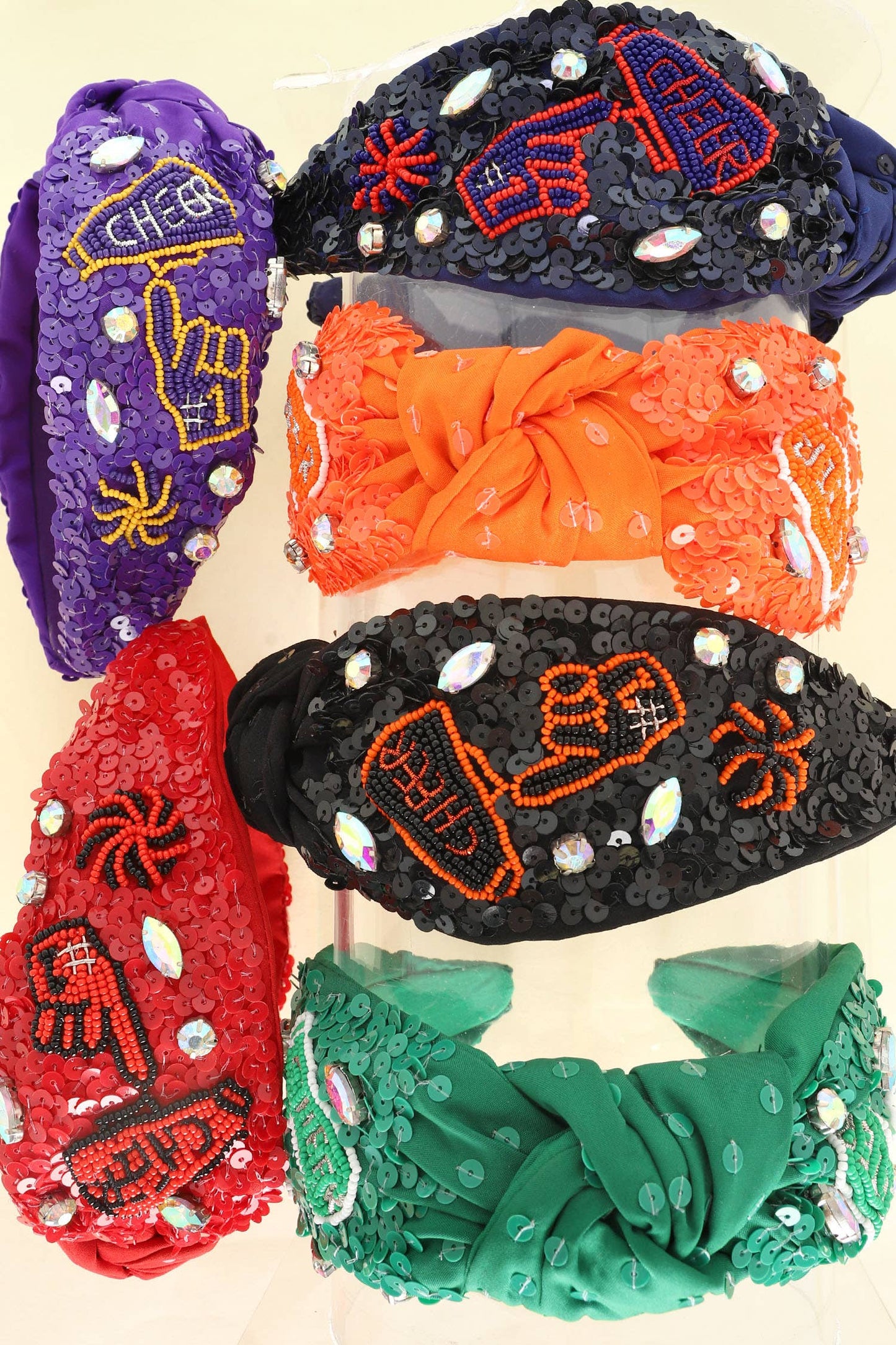Number 1 Hand Top Knotted Jeweled beaded Headband : Black Orange