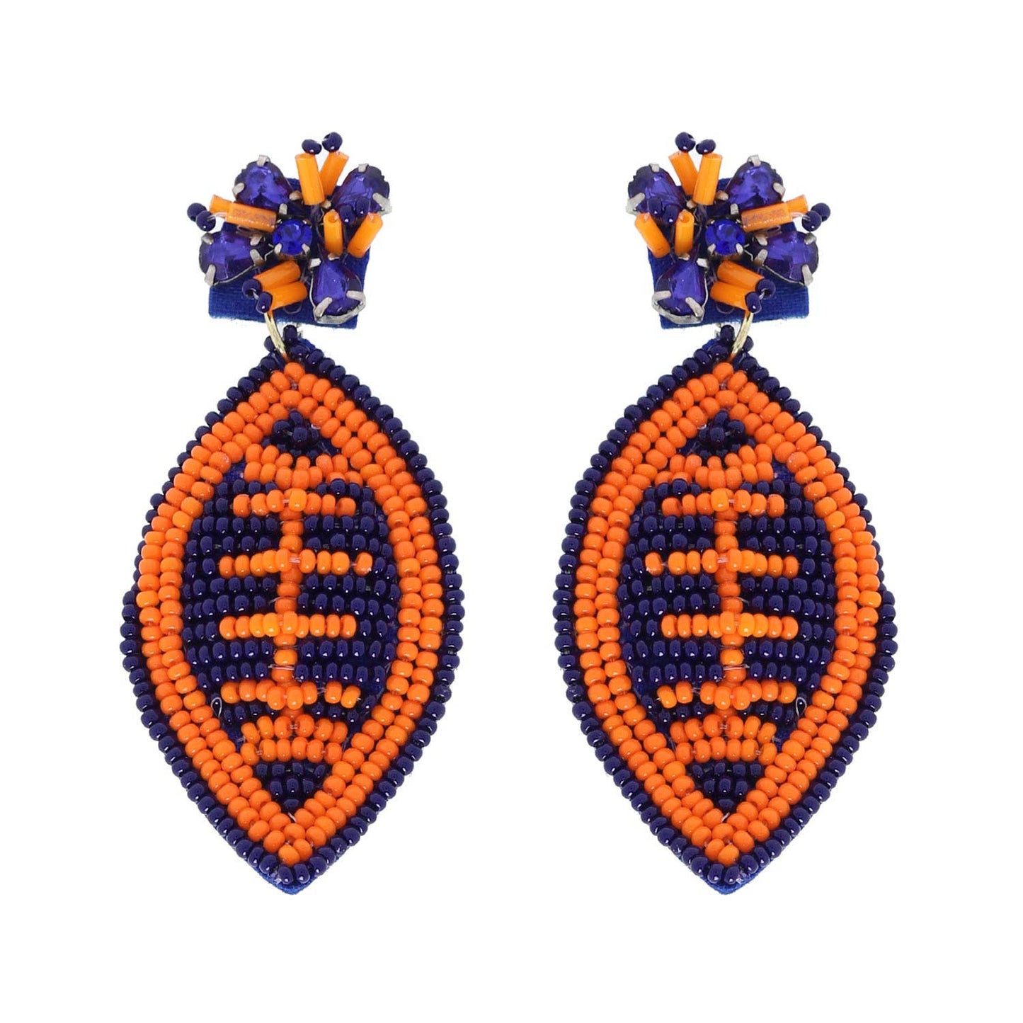 2 Tier Jeweled & Beaded Two Tone Football Dangle Earrings: Navy White