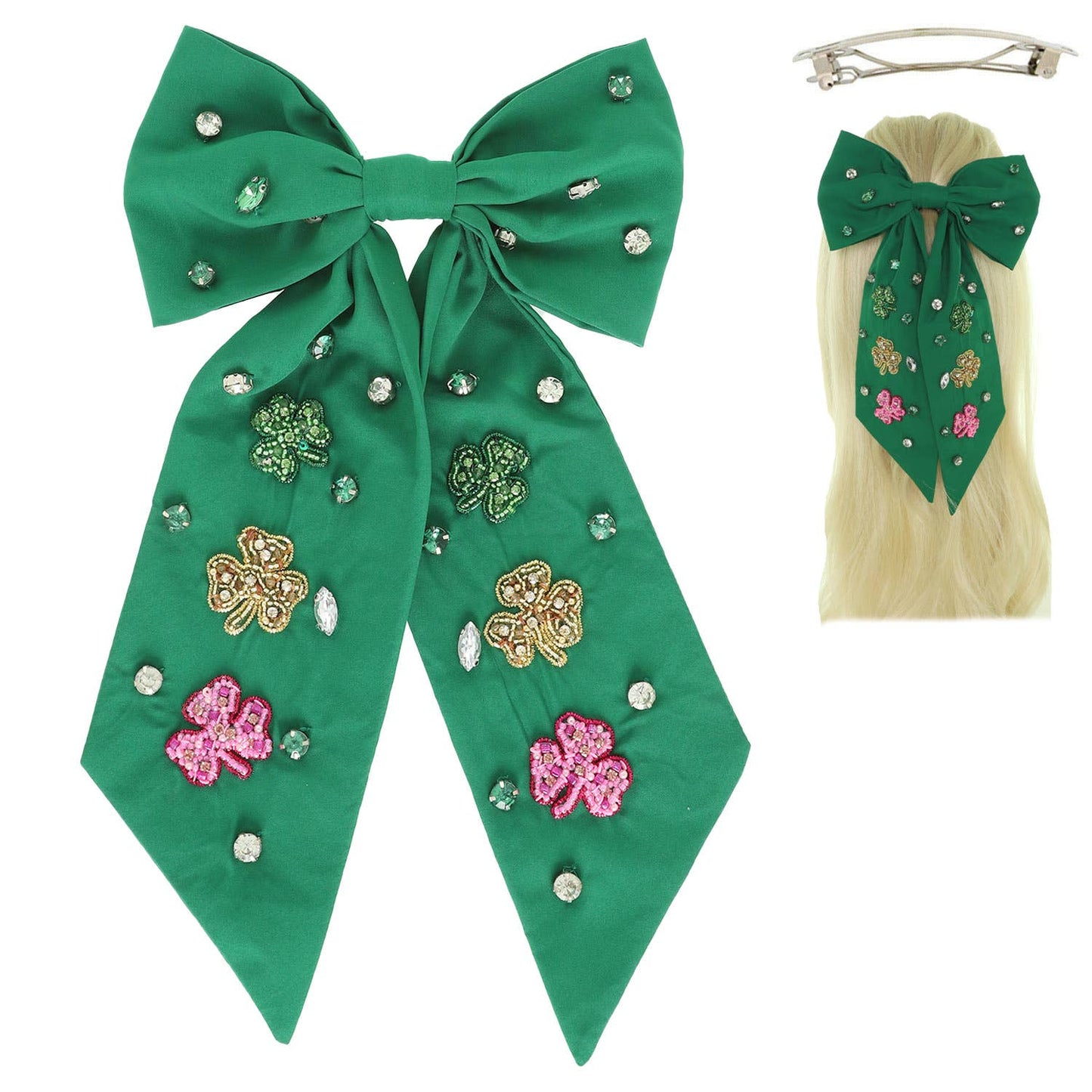 Saint Patrick's Shamrock Bow Barrette Hair Clip : Green