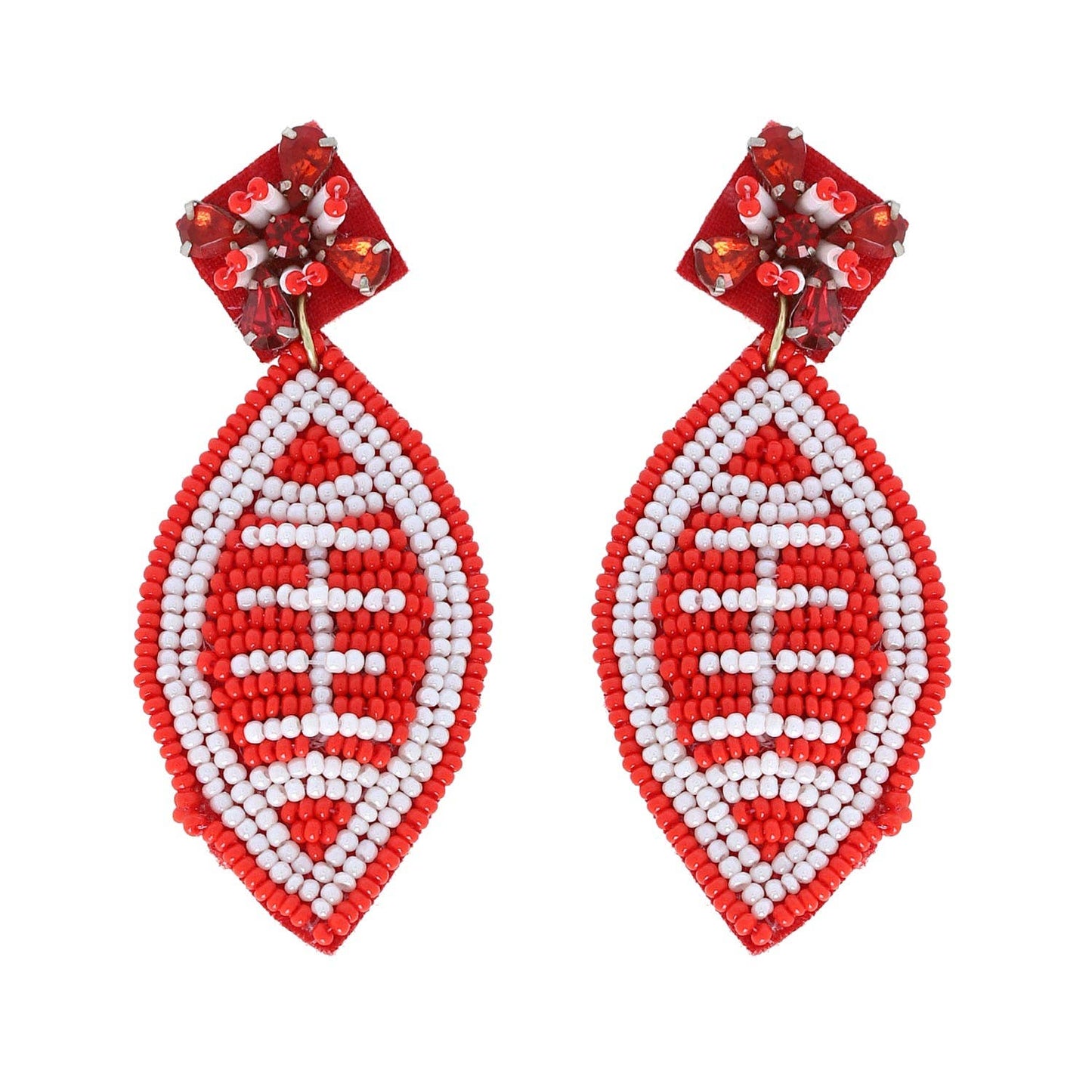2 Tier Jeweled & Beaded Two Tone Football Dangle Earrings: Navy White