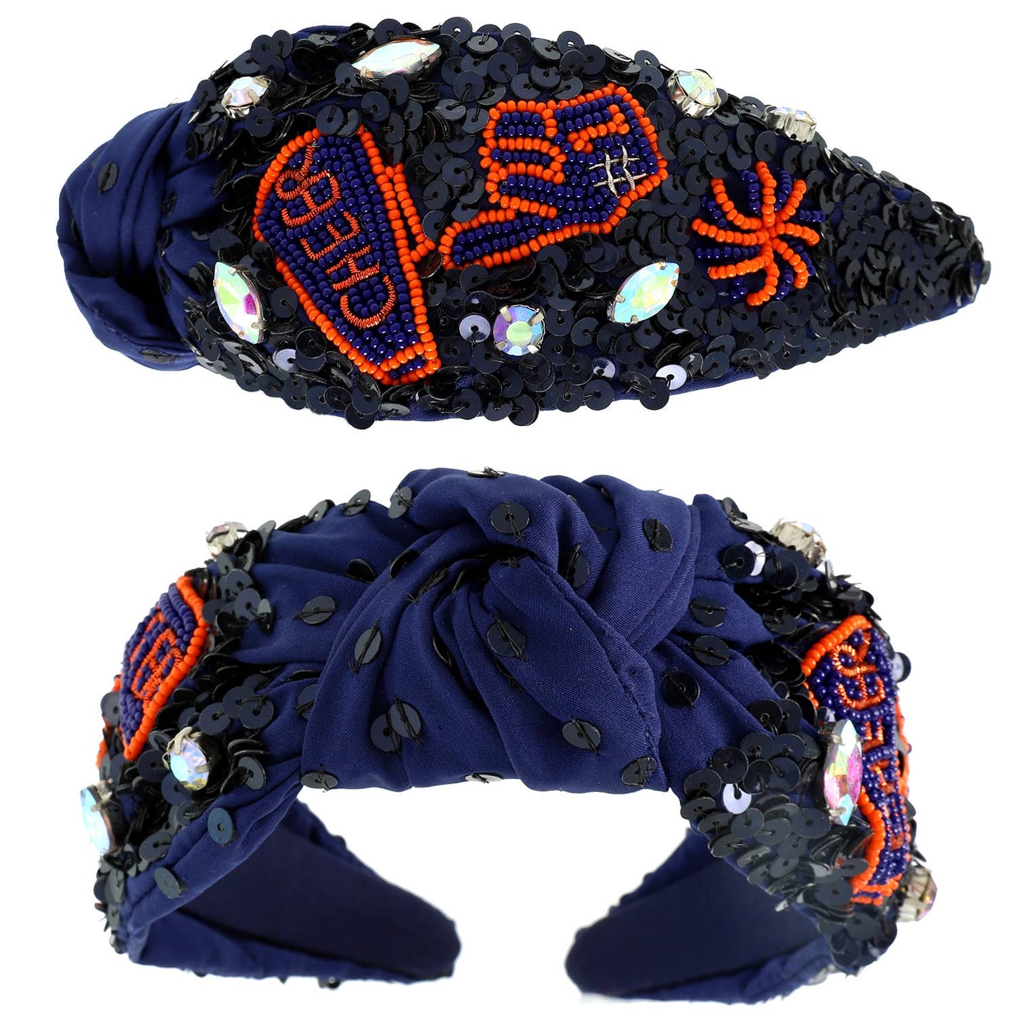 Number 1 Hand Top Knotted Jeweled beaded Headband : Black Orange