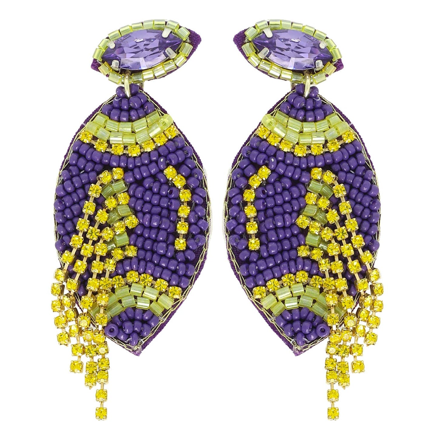 Football Crystal Seed Beaded Post Earrings : Blue White