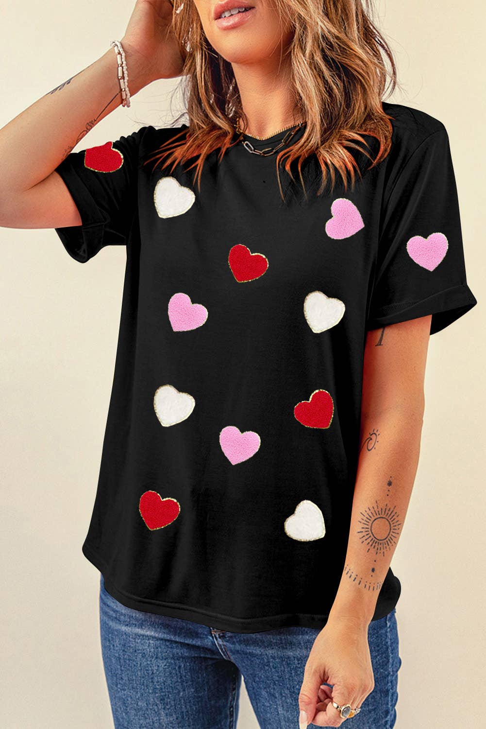 Chenille Heart Patched Crewneck Tee