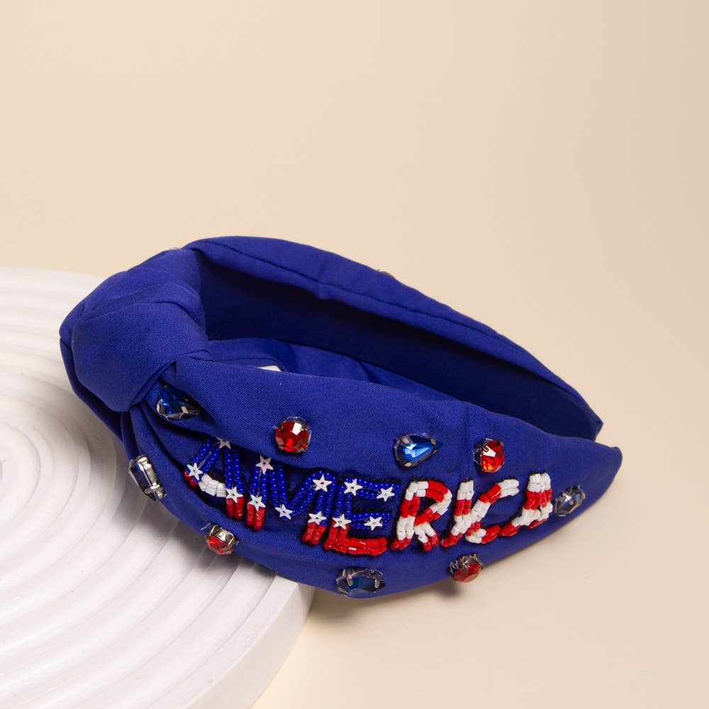 "America" Patriotic Rhinestone Beaded Embroidery Headband: Blue