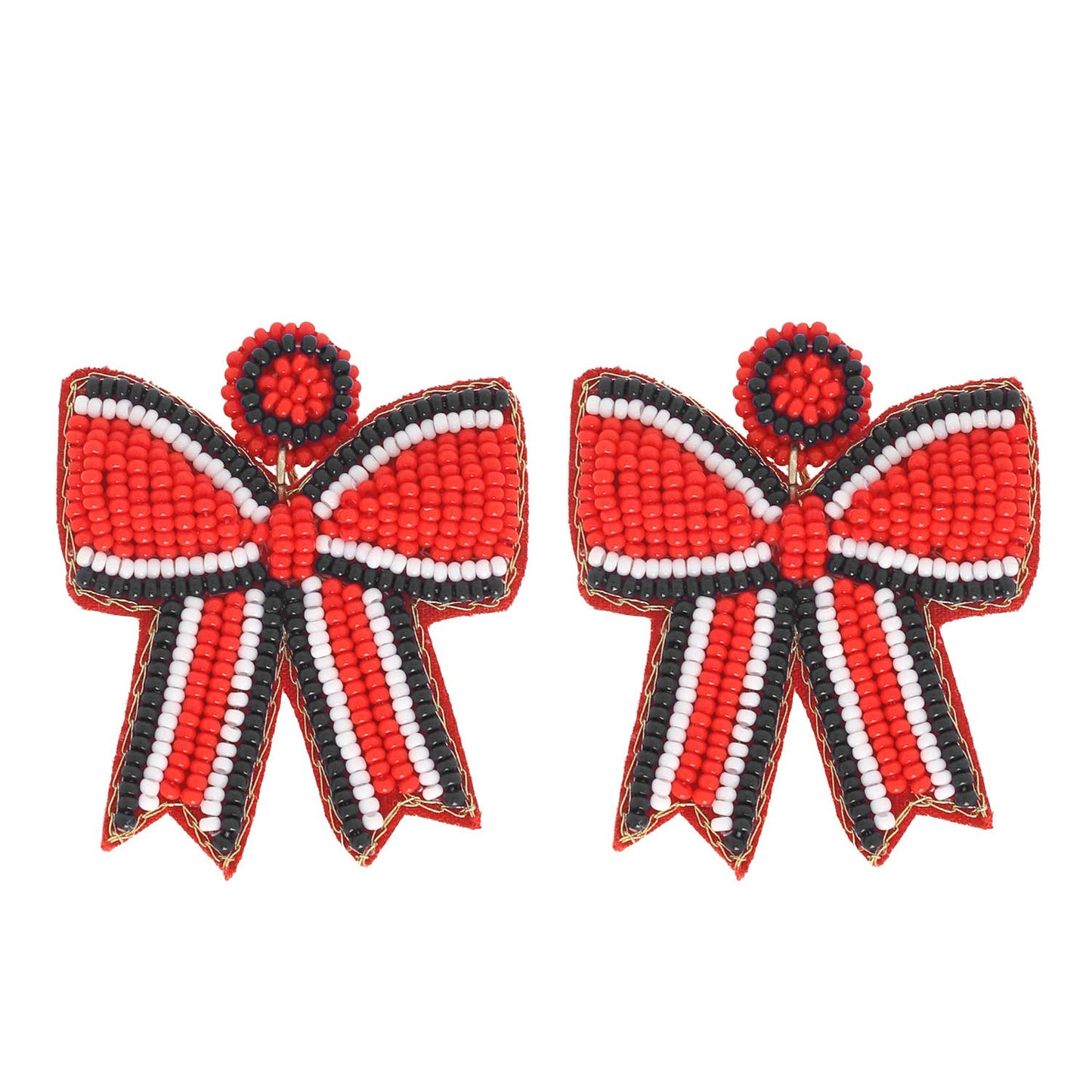 Game Day Striped Bow Ribbon Beaded Earrings: Orange Black
