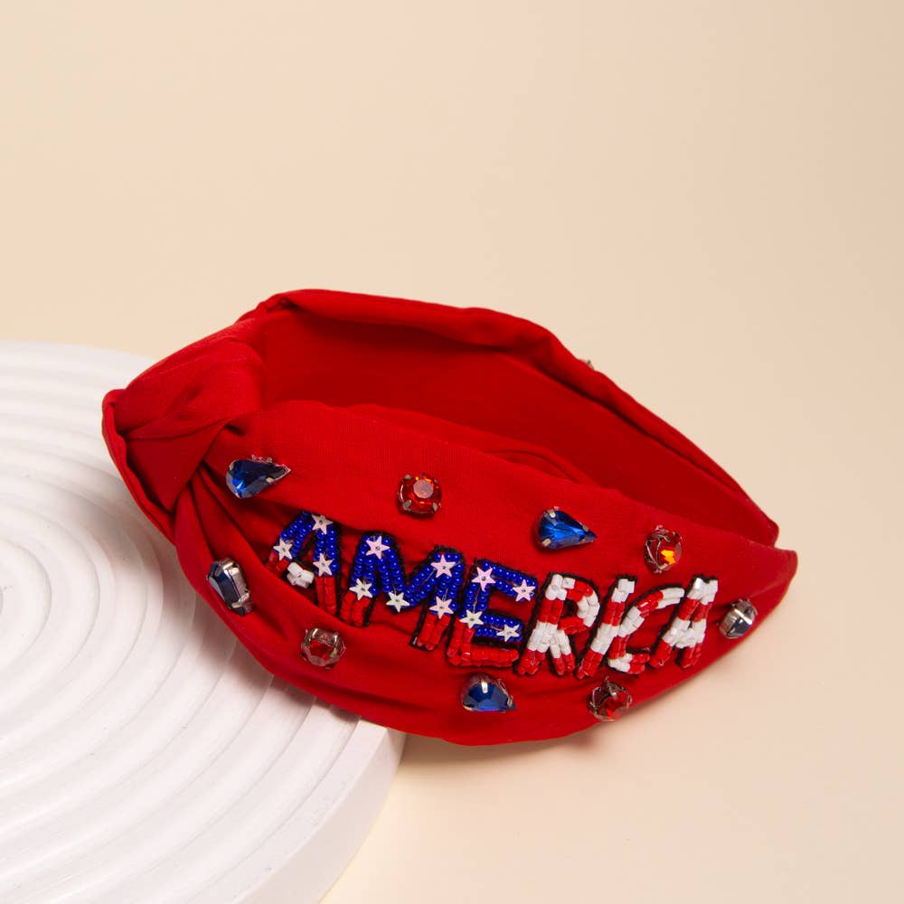 "America" Patriotic Rhinestone Beaded Embroidery Headband: Blue