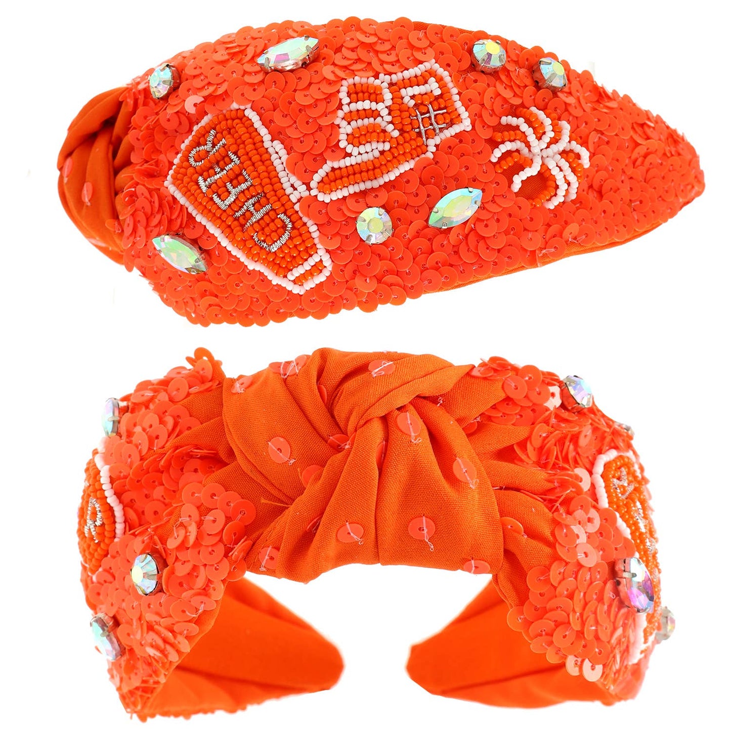 Number 1 Hand Top Knotted Jeweled beaded Headband : Black Orange