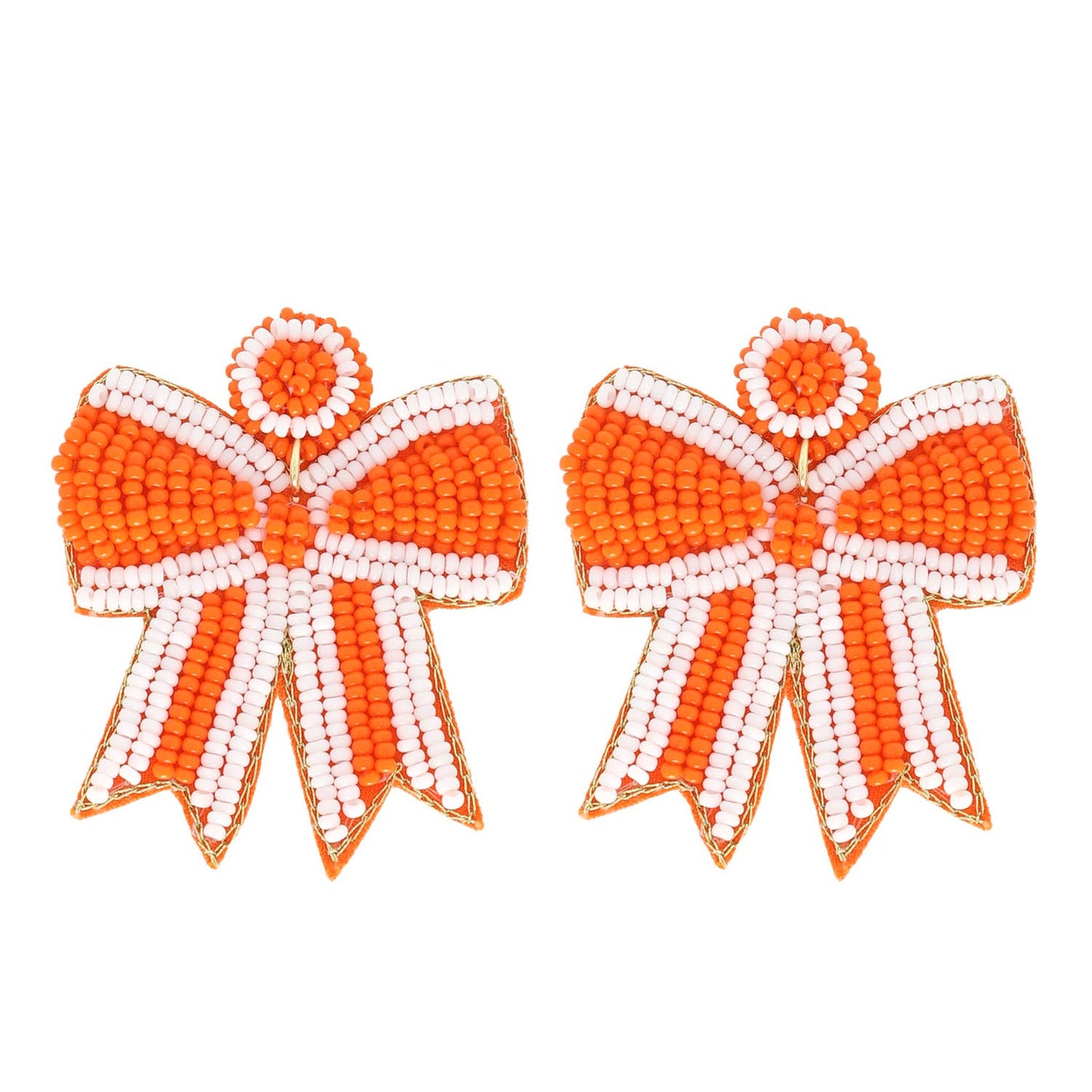 Game Day Striped Bow Ribbon Beaded Earrings: Orange Black