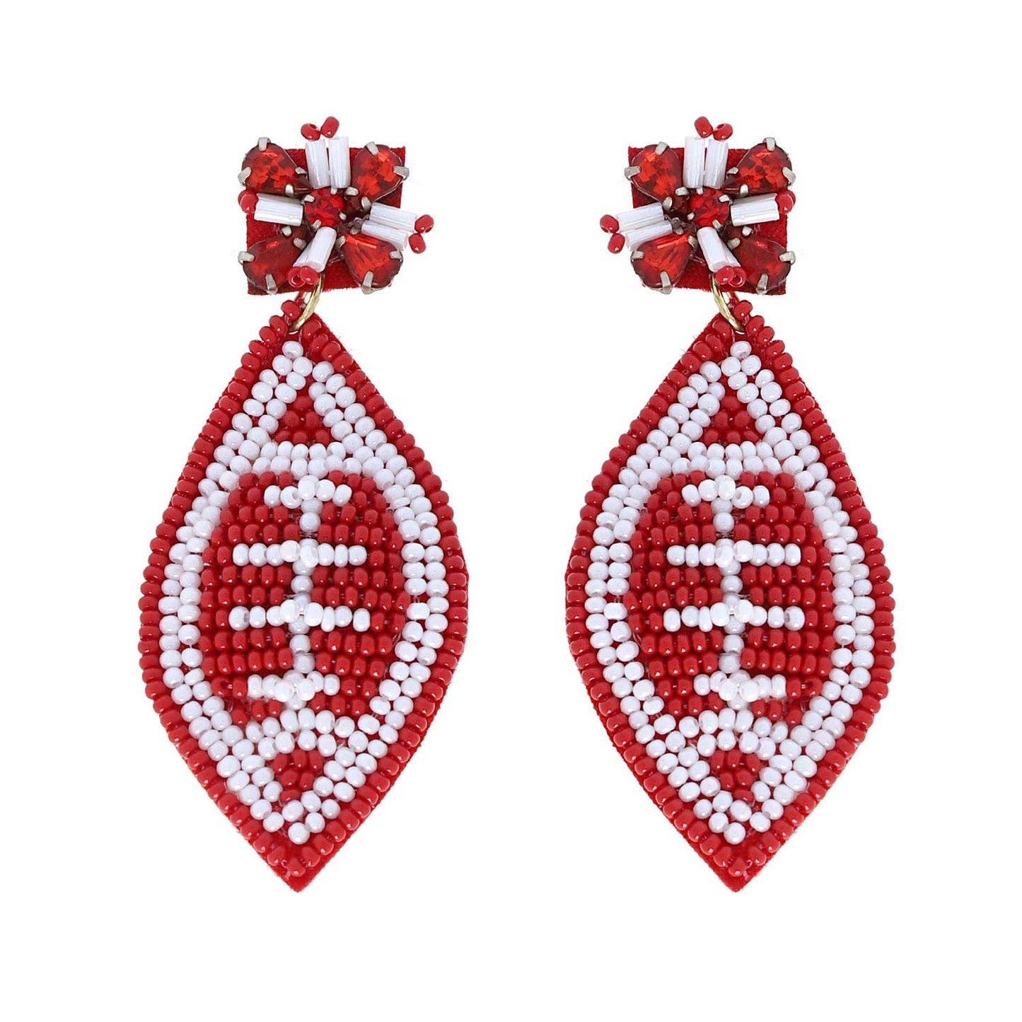 2 Tier Jeweled & Beaded Two Tone Football Dangle Earrings: Navy White