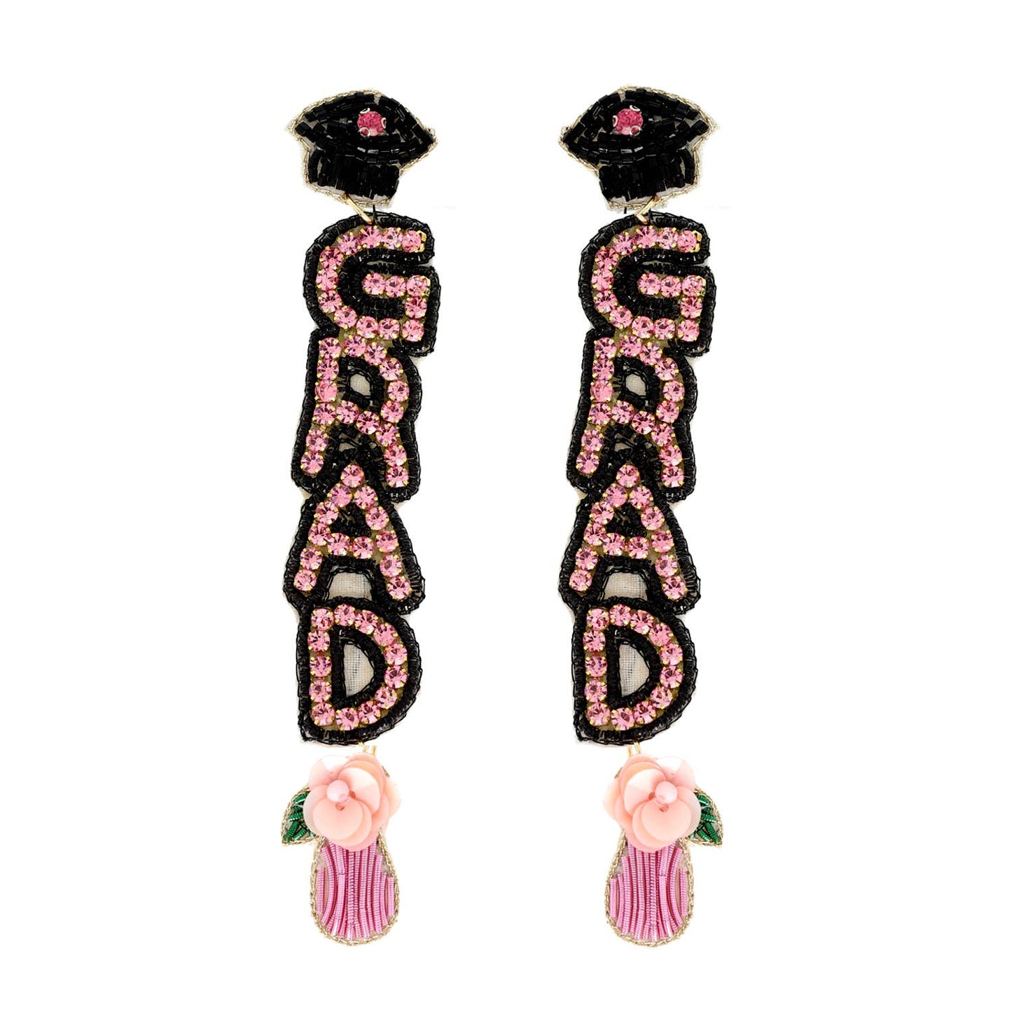 Floral Grad Cap Seed Beaded Rhinestone Earrings : Gold