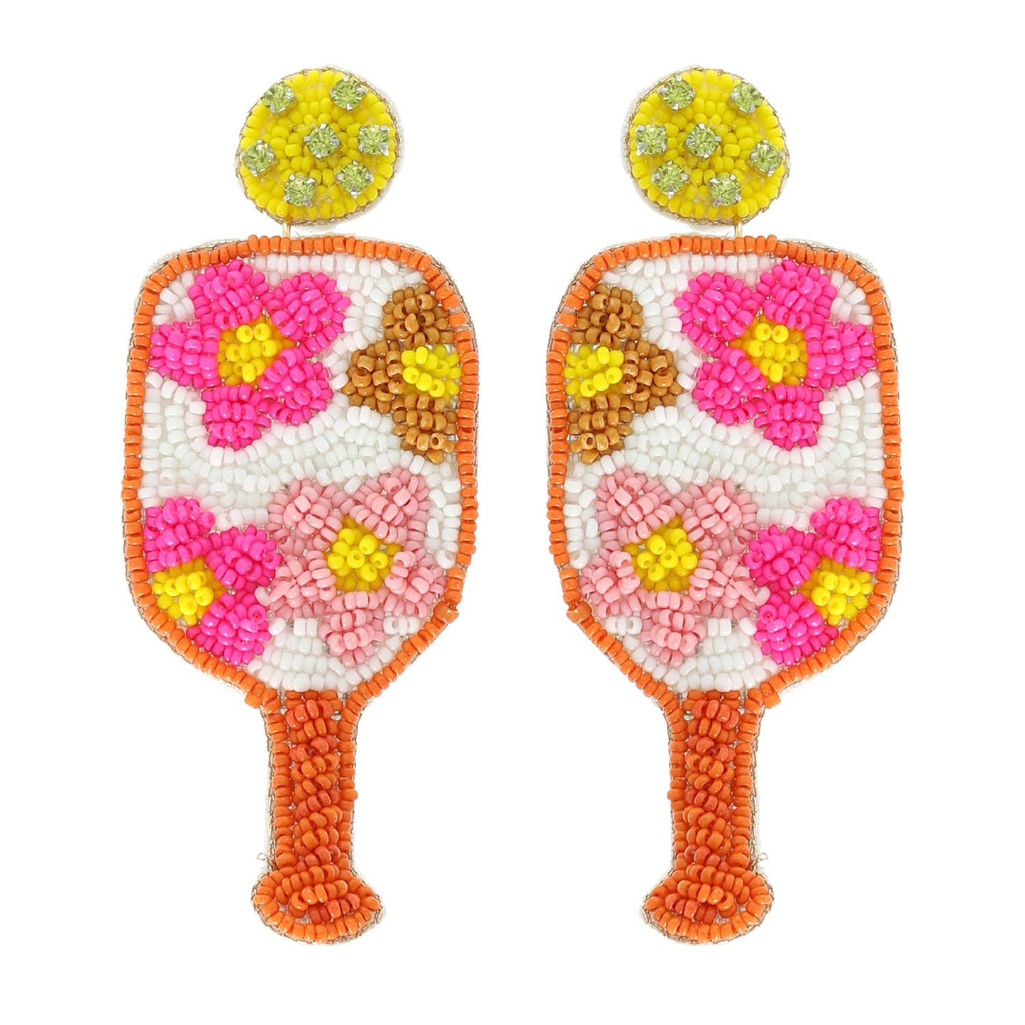 Floral Pickleball Paddle Seed Beaded Post Earrings