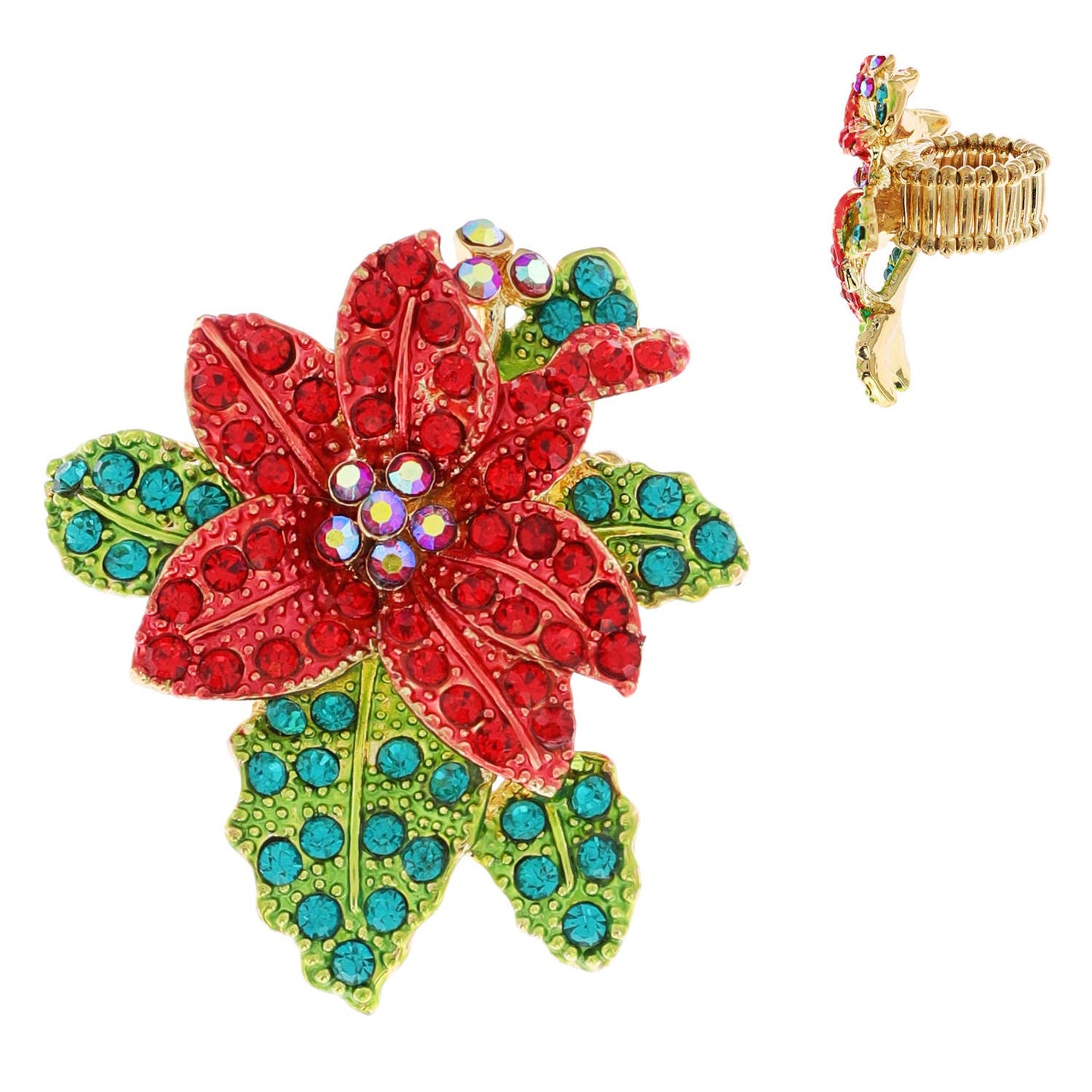 Christmas Rhinestone Poinsettia Stretch Ring