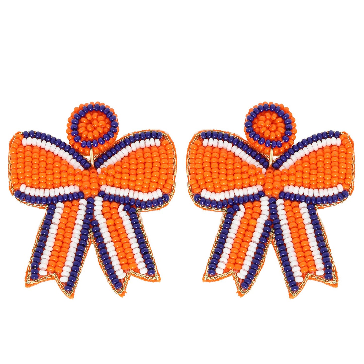 Game Day Striped Bow Ribbon Beaded Earrings: Orange Black
