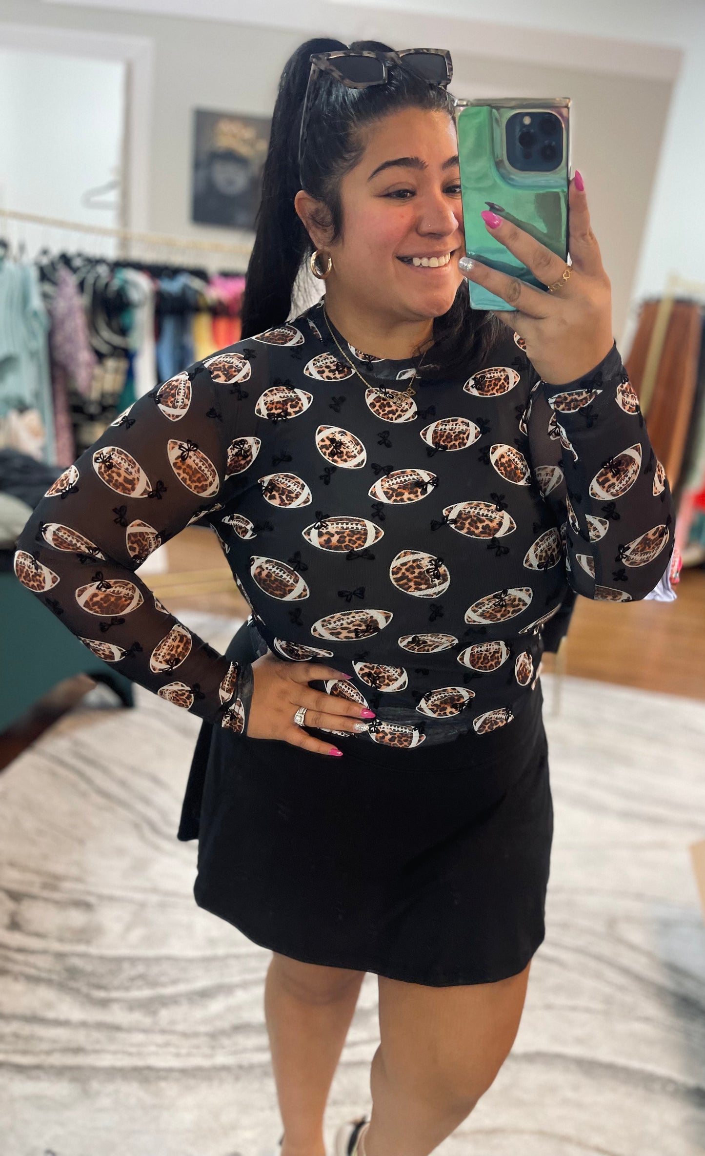 Bows & Football Mesh Top