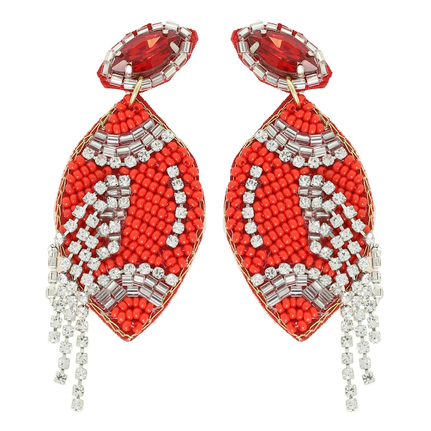 Football Crystal Seed Beaded Post Earrings : Orange Black