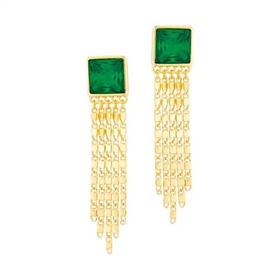 Green Rhinestone with Gold Chain Tassel 2" Earring