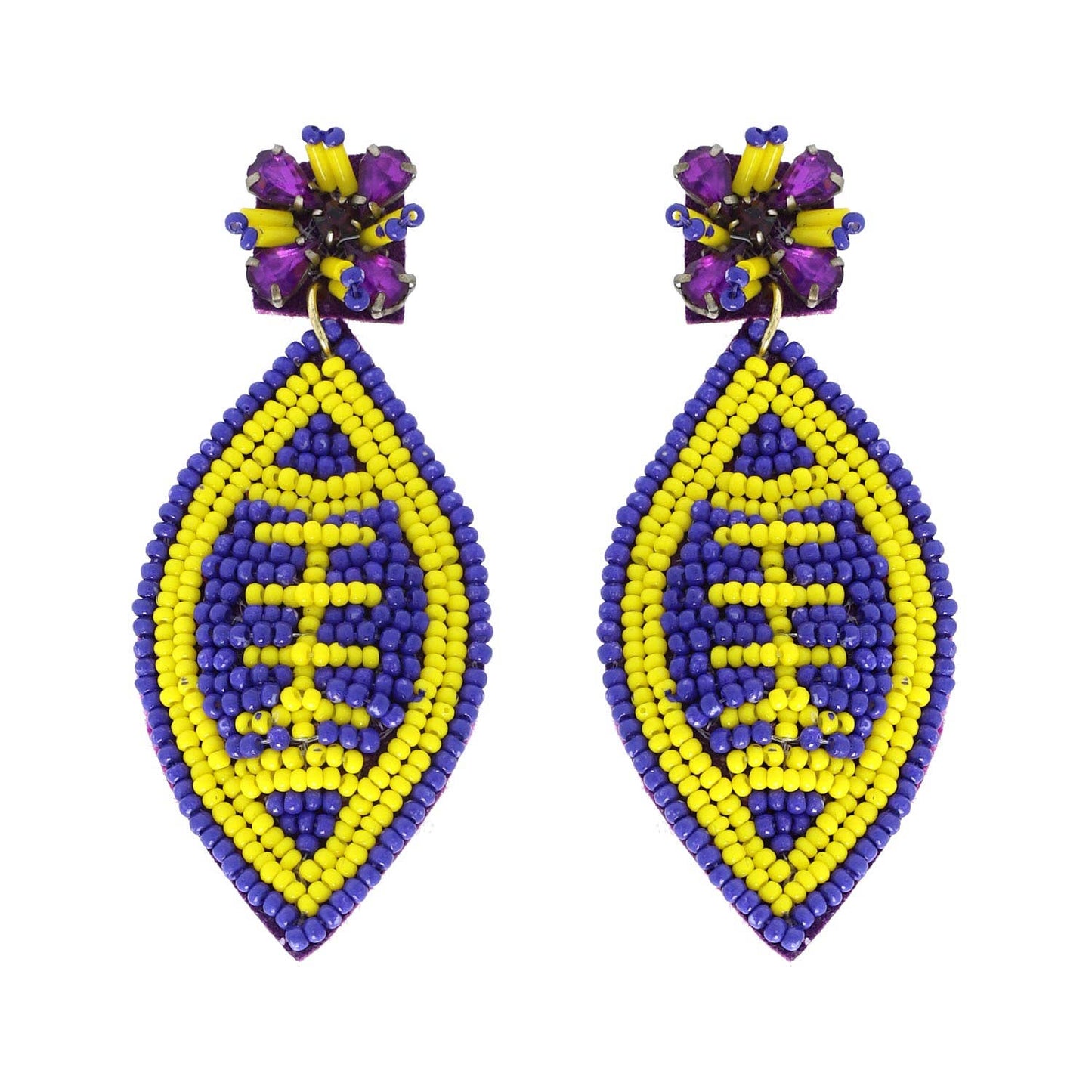 2 Tier Jeweled & Beaded Two Tone Football Dangle Earrings: Navy White