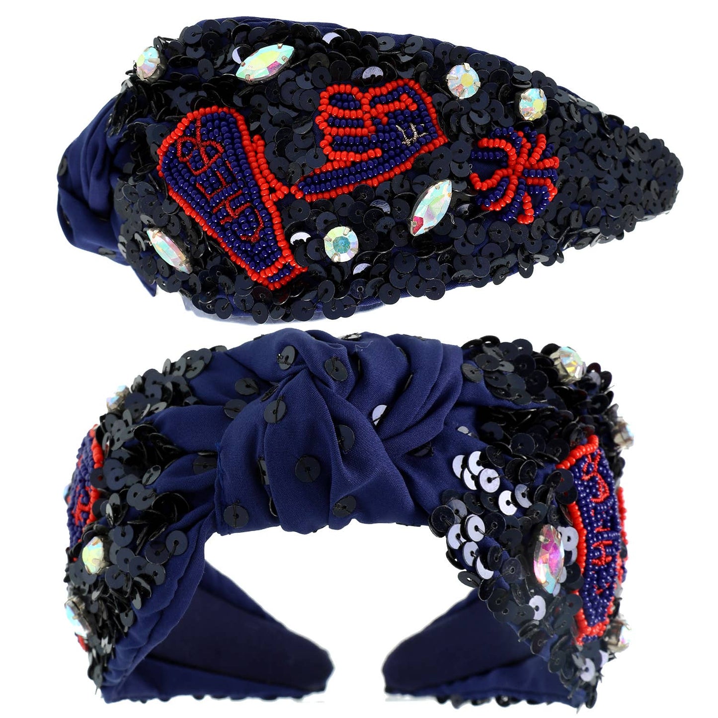 Number 1 Hand Top Knotted Jeweled beaded Headband : Black Orange