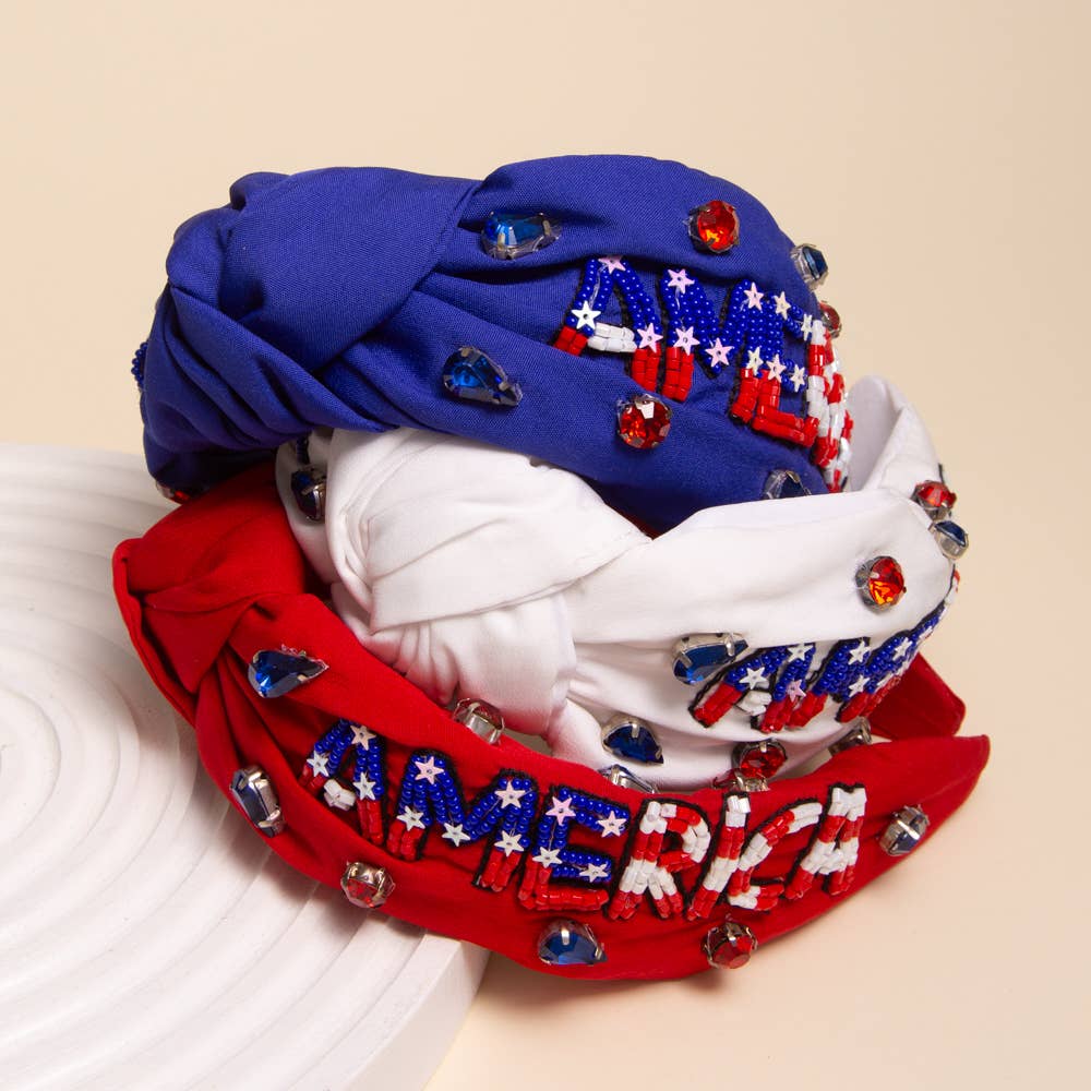 "America" Patriotic Rhinestone Beaded Embroidery Headband: Blue