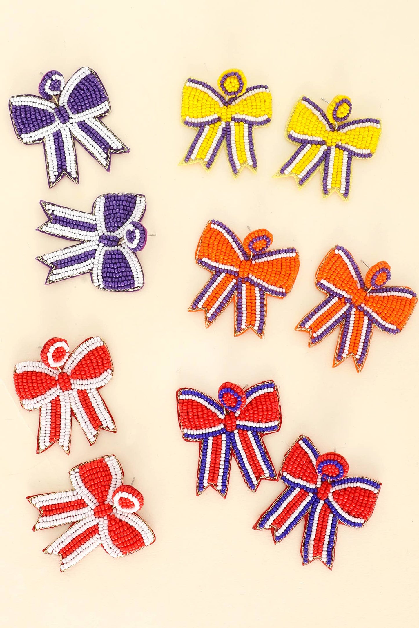 Game Day Striped Bow Ribbon Beaded Earrings: Orange Black