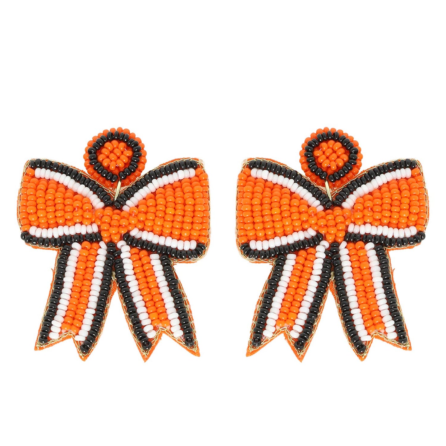 Game Day Striped Bow Ribbon Beaded Earrings: Orange Black