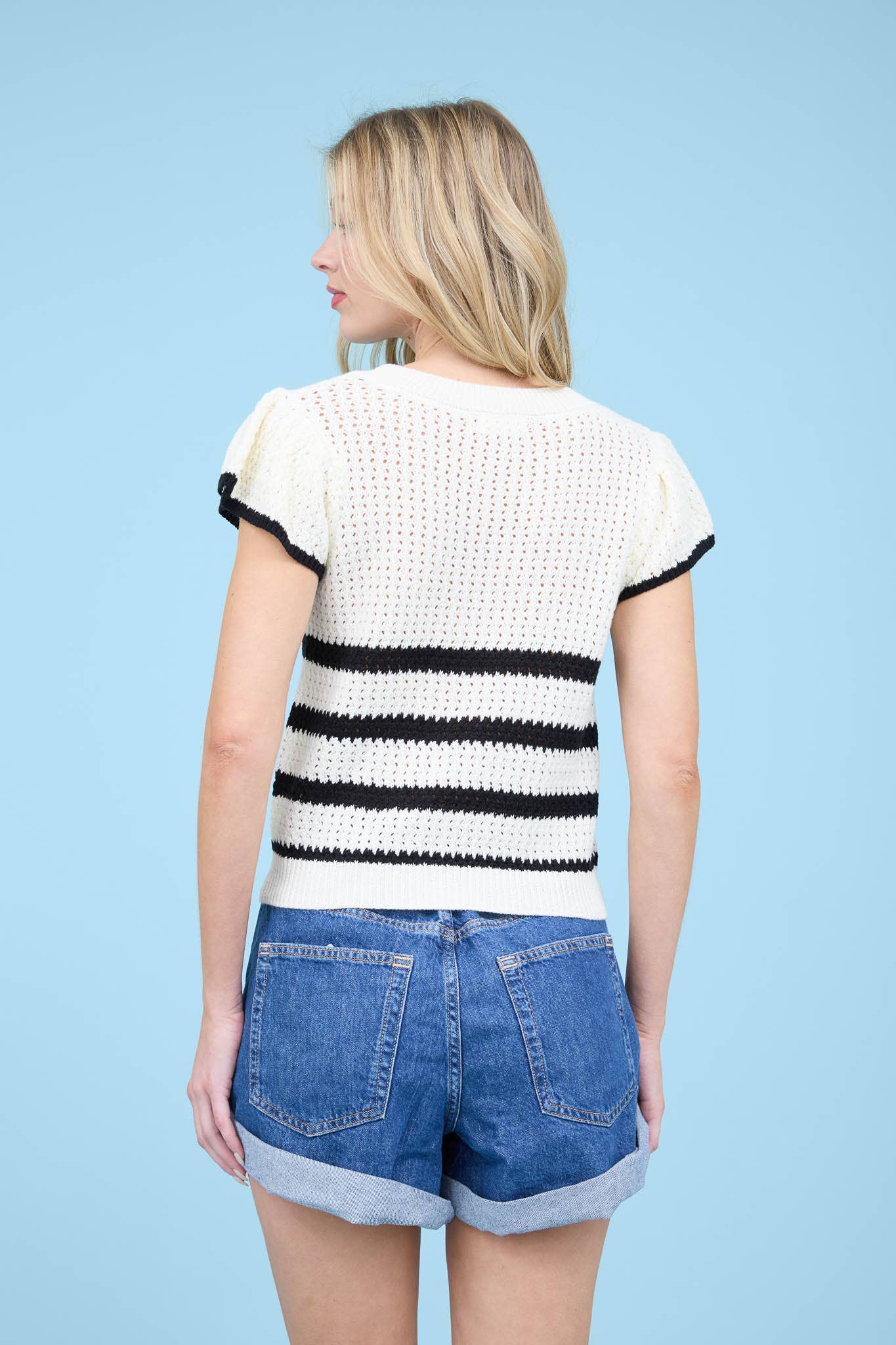 STRIPE SHORT SLEEVE CROCHET Top