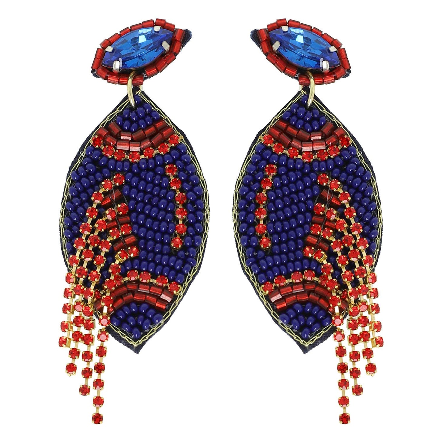 Football Crystal Seed Beaded Post Earrings : Red White
