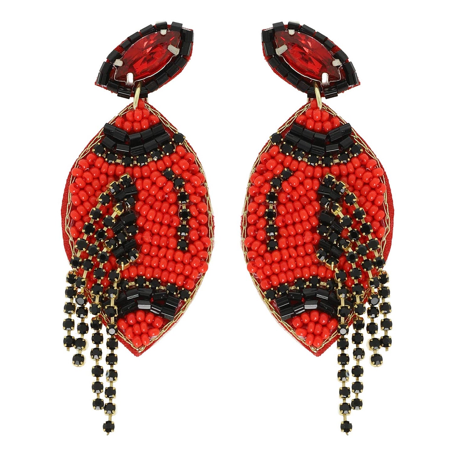 Football Crystal Seed Beaded Post Earrings : Orange Black