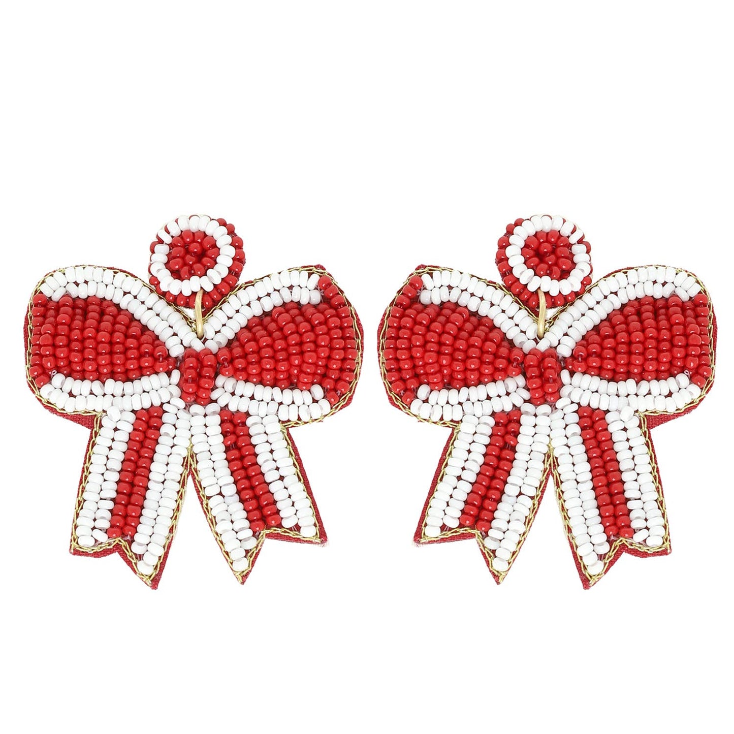 Game Day Striped Bow Ribbon Beaded Earrings: Red White