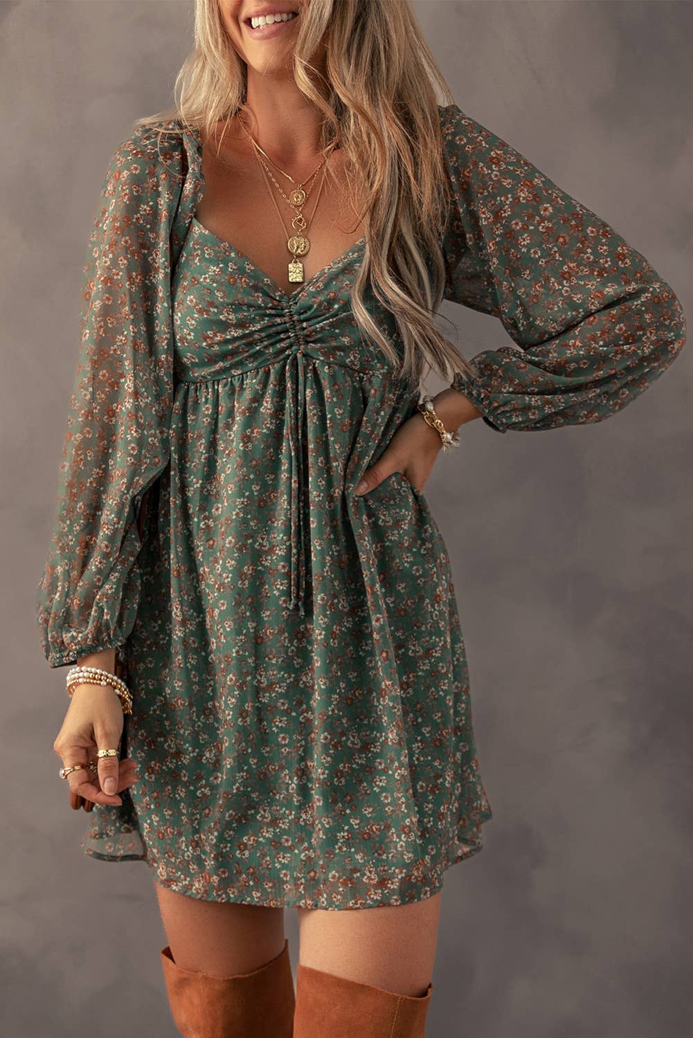 Ruched Sweetheart Neck Floral Dress