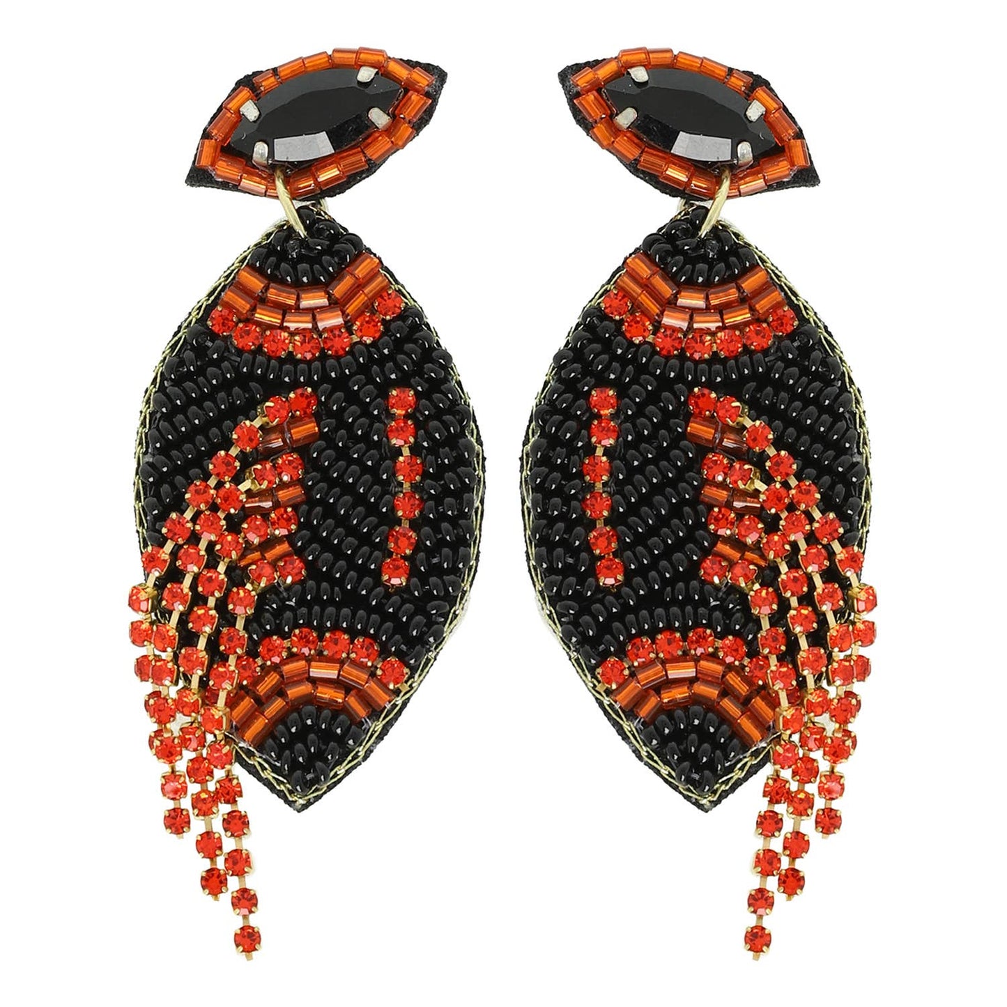 Football Crystal Seed Beaded Post Earrings : Orange Black