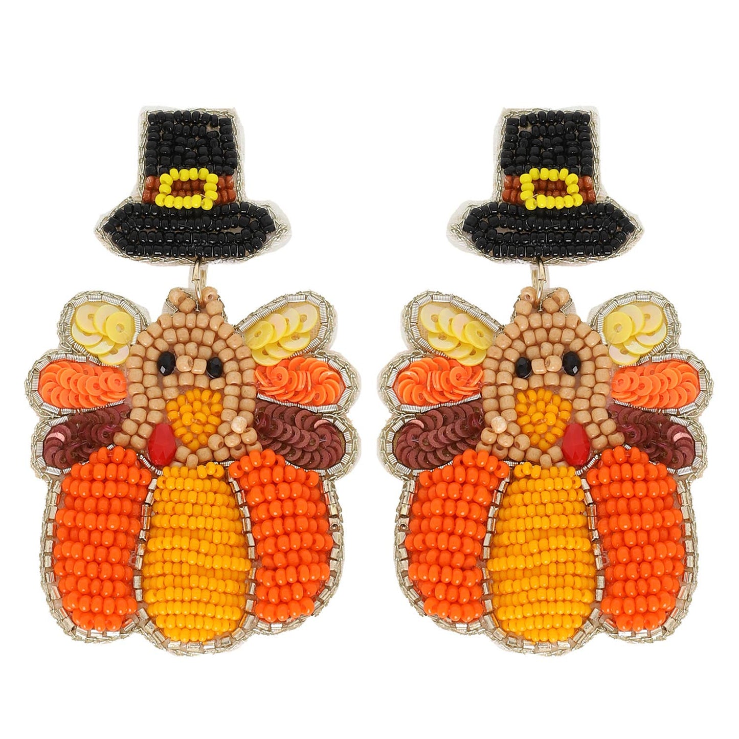 Thanksgiving Pilgrim Hat Turkey Beaded Earrings
