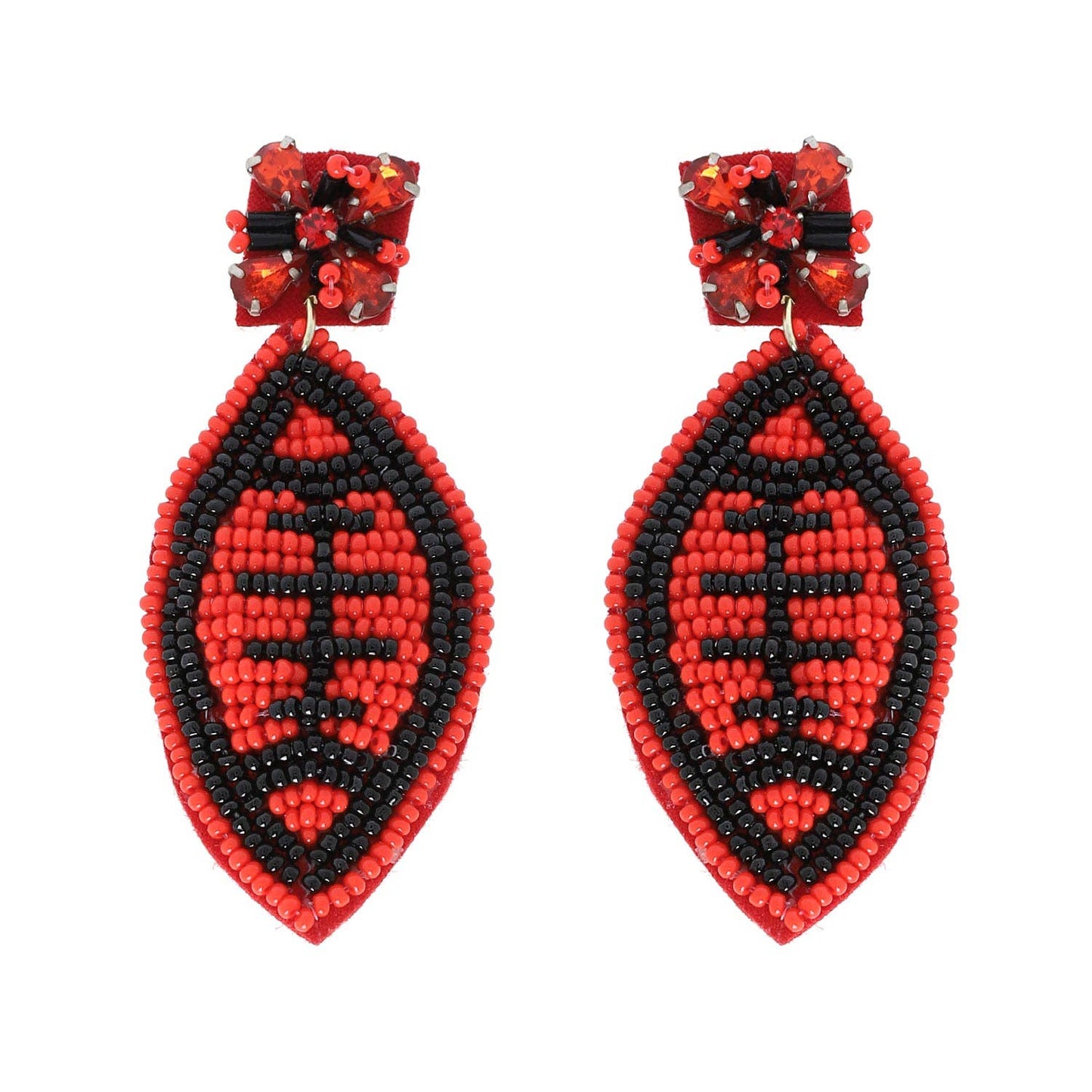 2 Tier Jeweled & Beaded Two Tone Football Dangle Earrings: Navy White