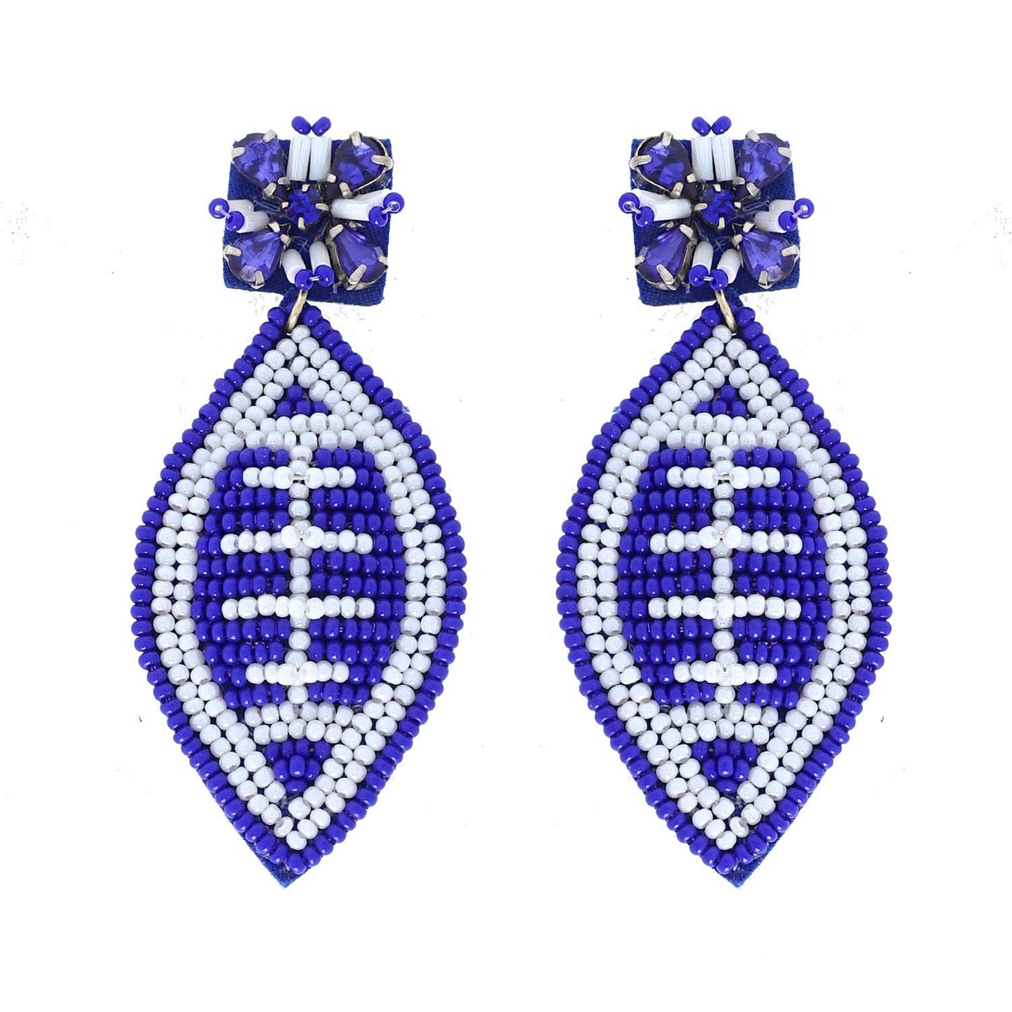 2 Tier Jeweled & Beaded Two Tone Football Dangle Earrings: Navy White