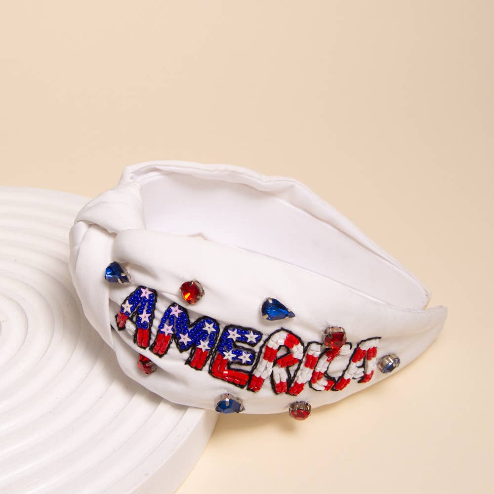 "America" Patriotic Rhinestone Beaded Embroidery Headband: Blue