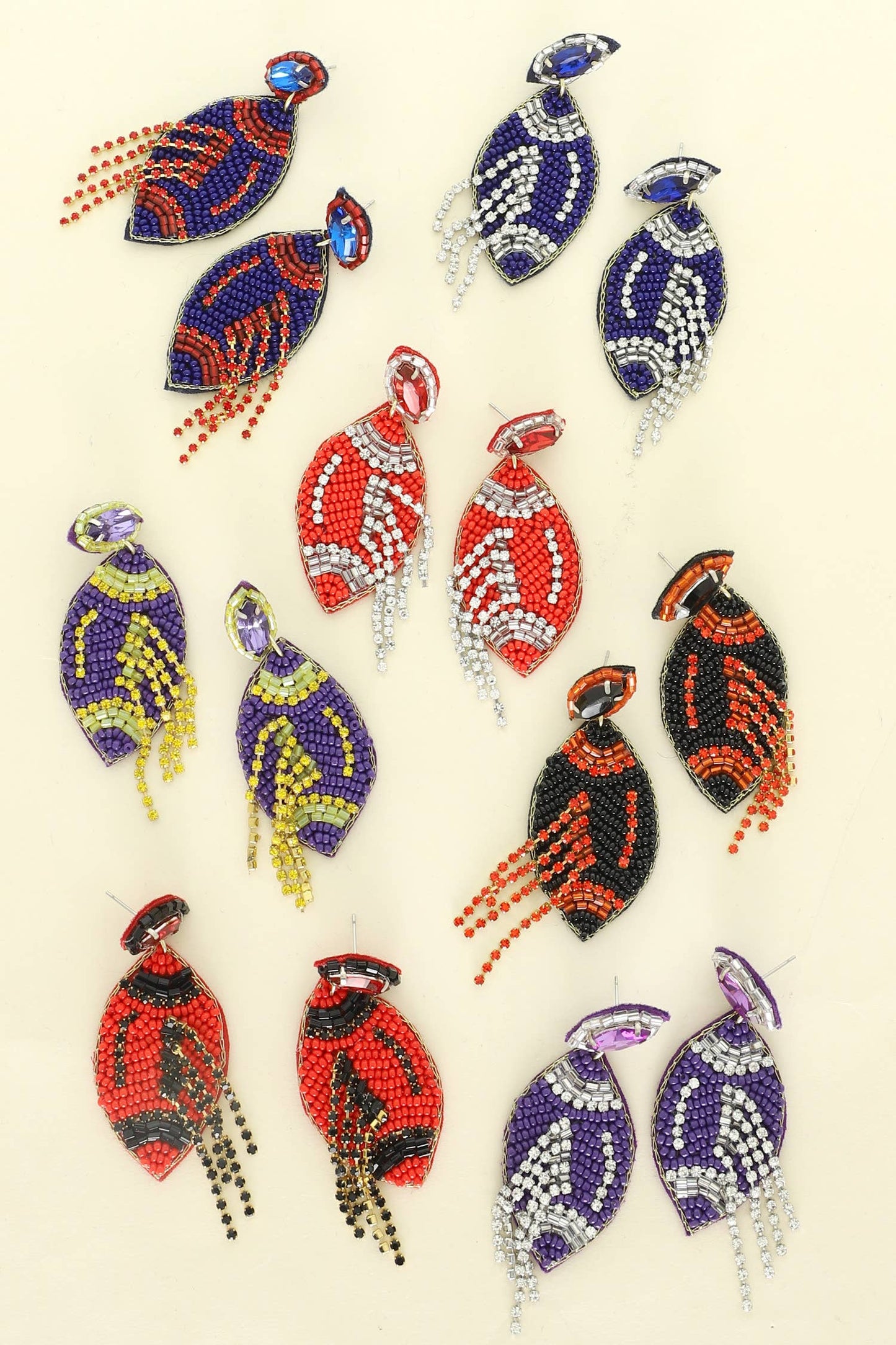 Football Crystal Seed Beaded Post Earrings : Red White
