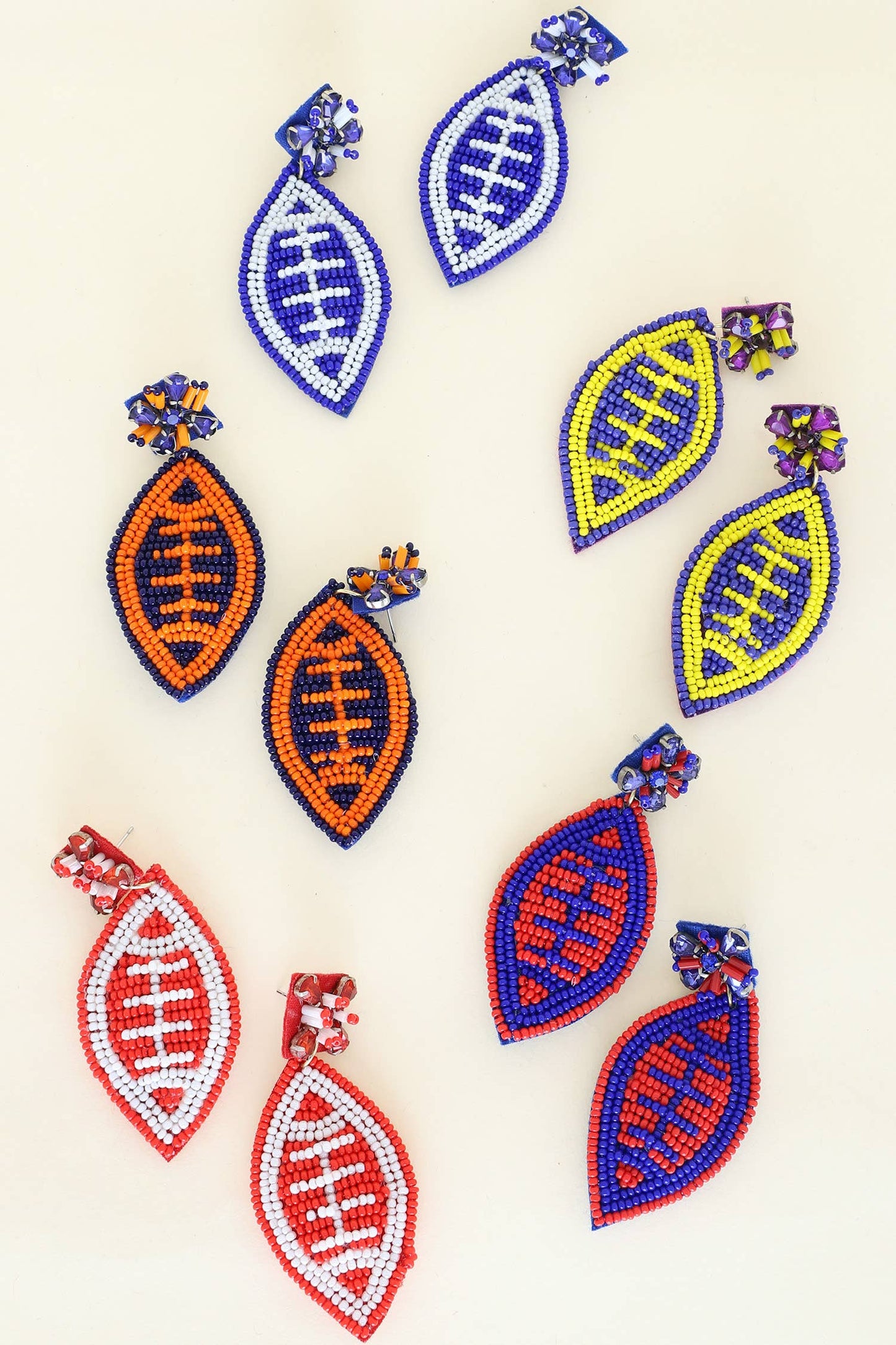 2 Tier Jeweled & Beaded Two Tone Football Dangle Earrings: Navy White
