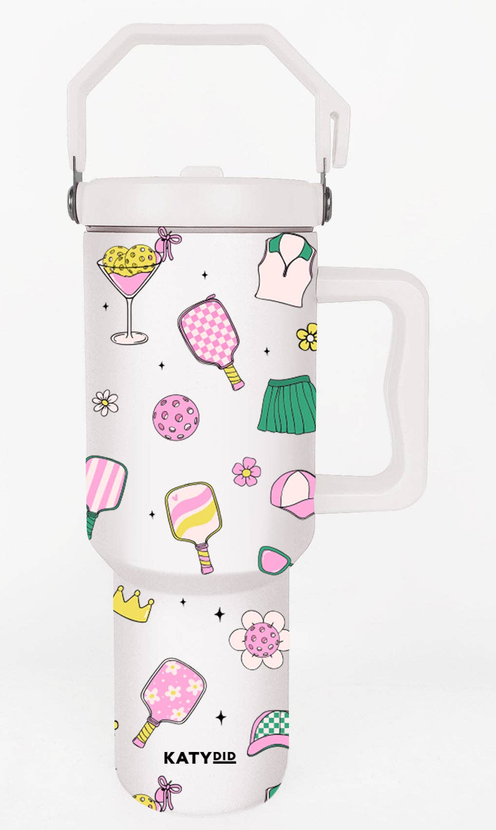 Pickleball Items Girly 38 Oz Tumbler with Lid Handle: White