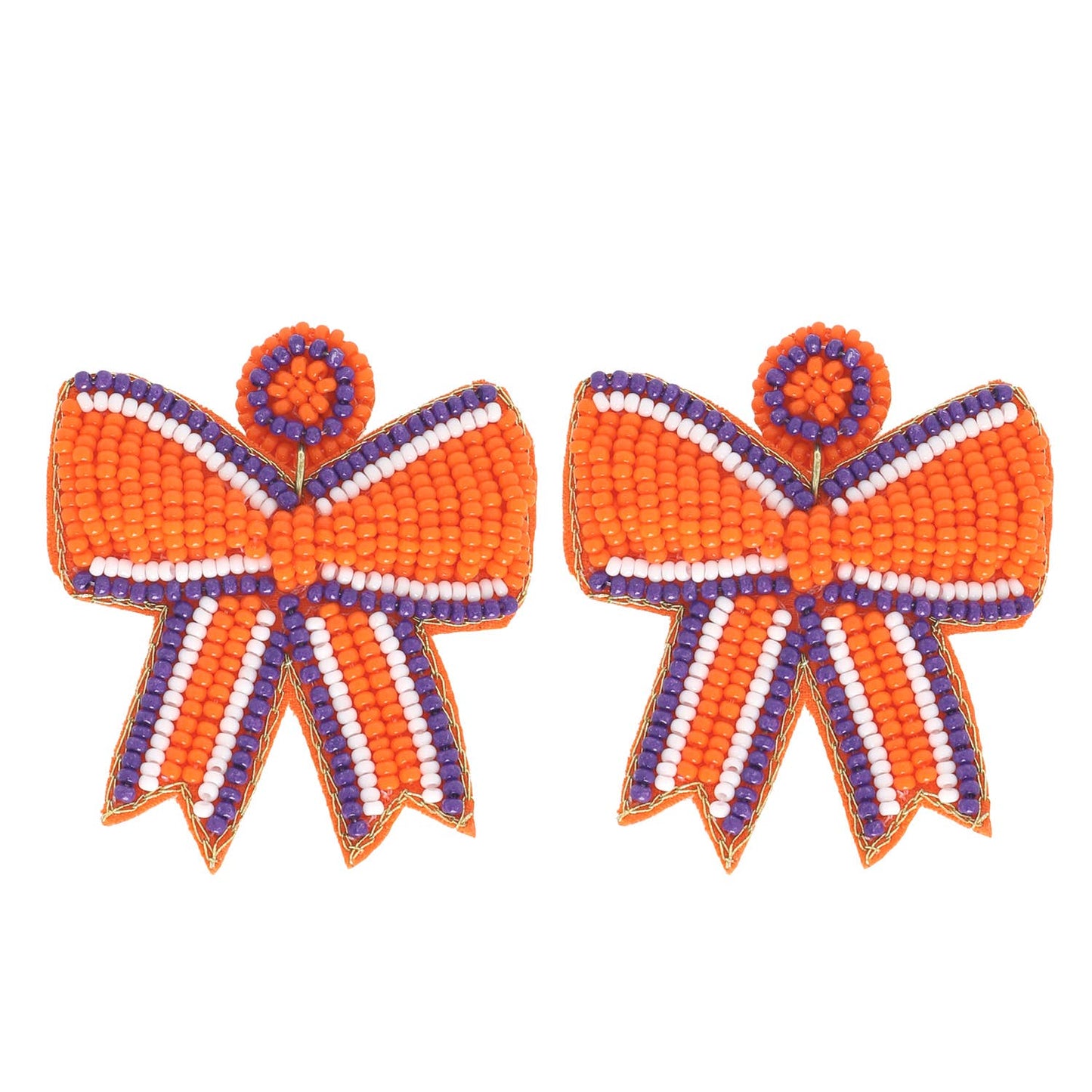 Game Day Striped Bow Ribbon Beaded Earrings: Orange Black