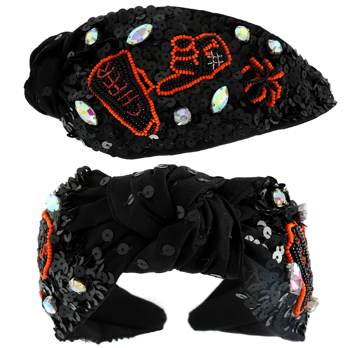 Number 1 Hand Top Knotted Jeweled beaded Headband : Black Orange
