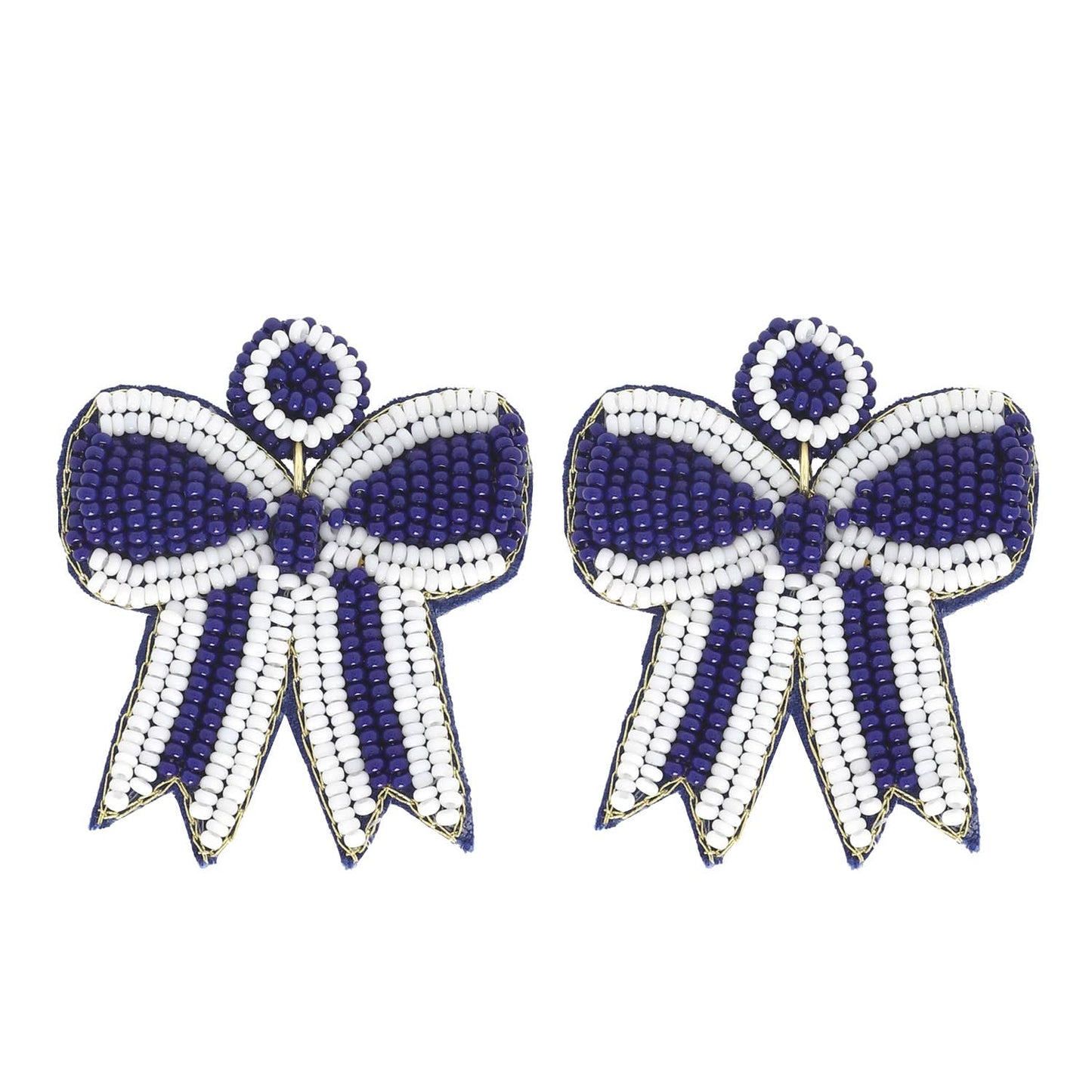 Game Day Striped Bow Ribbon Beaded Earrings: Blue White