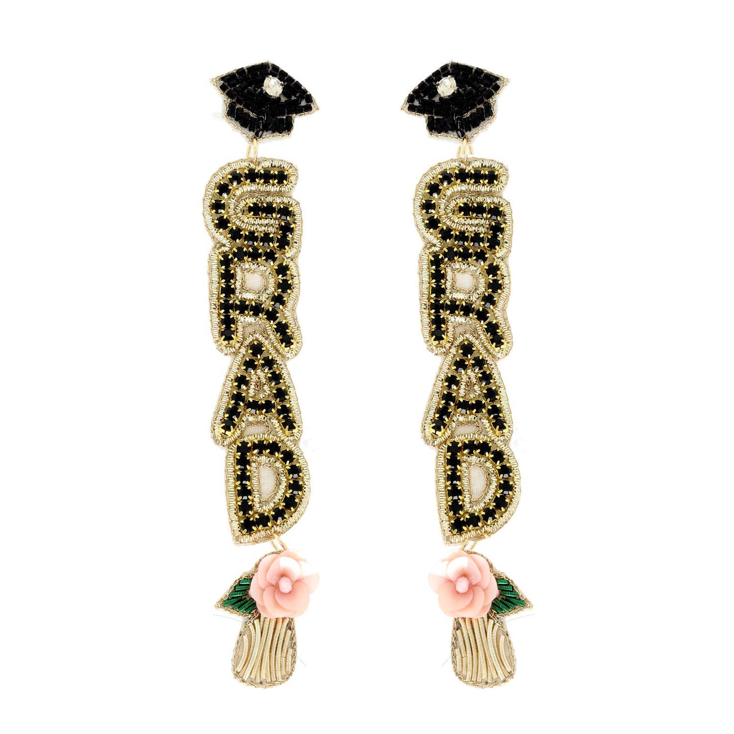 Floral Grad Cap Seed Beaded Rhinestone Earrings : Pink