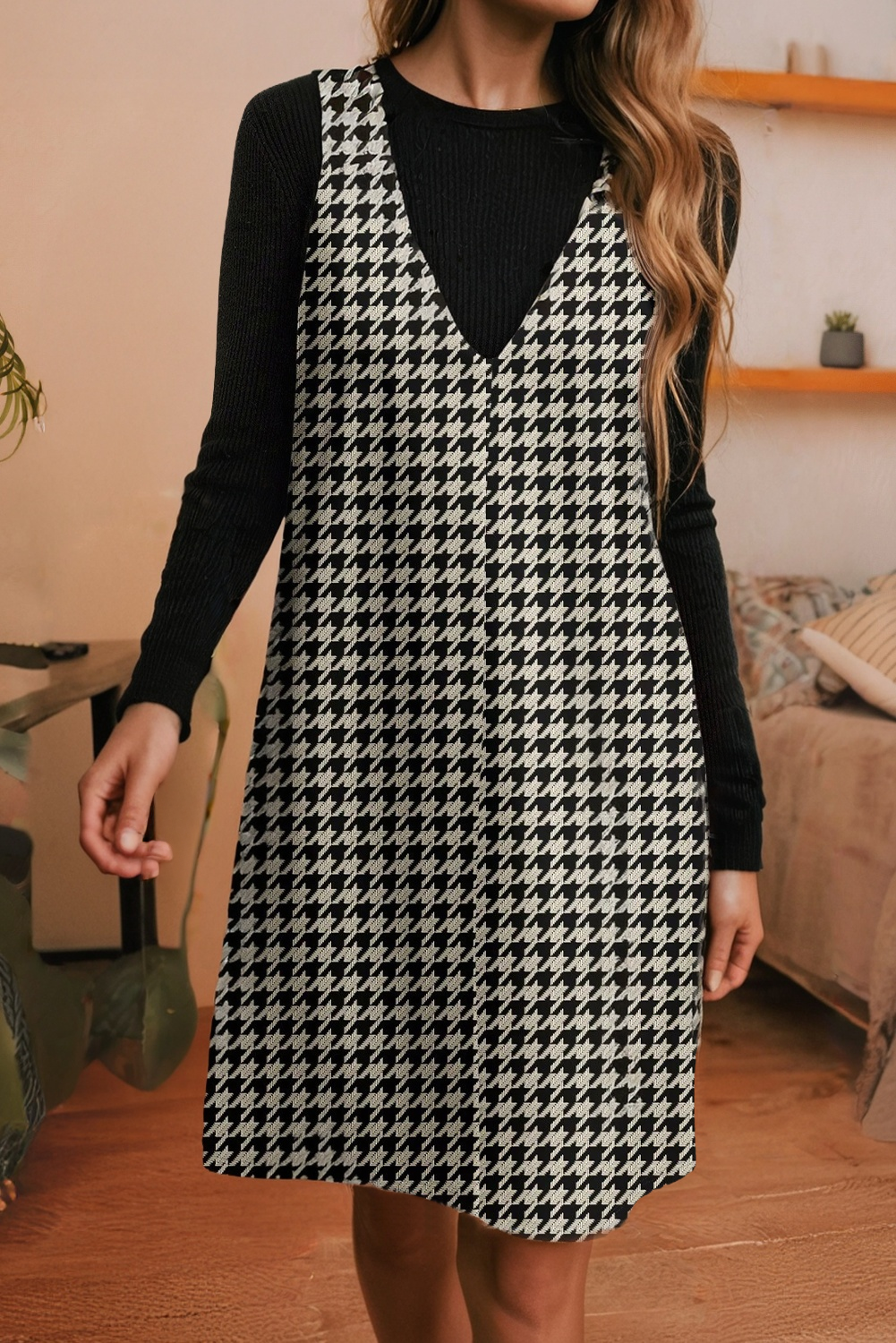 Chic Houndstooth Print Sleeveless Mini Dress