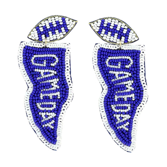 Game Day Letter Beaded Sequins Flag Post Earrings : Blue White