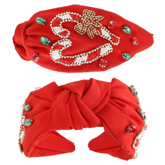 Christmas Candy Cane Heart Top Knotted Headband : Red