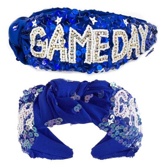 Game Day Top Knotted Jeweled Beaded Headband : Royal Blue