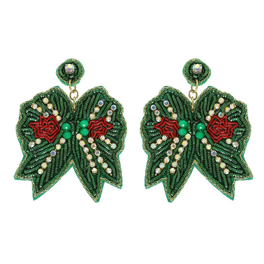 Chevron Christmas Bow Post Dangle Earrings : Green