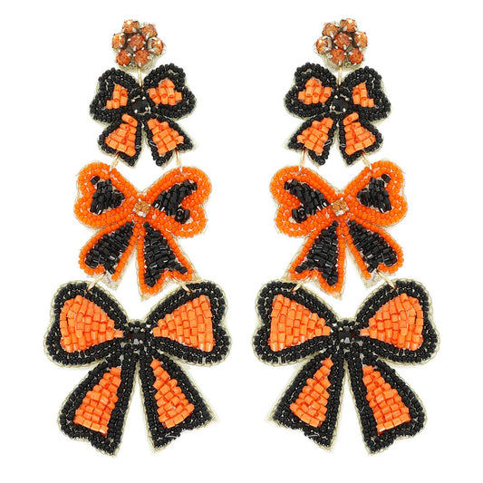 Game Day Striped Bow Ribbon Beaded Earrings : Orange & Black