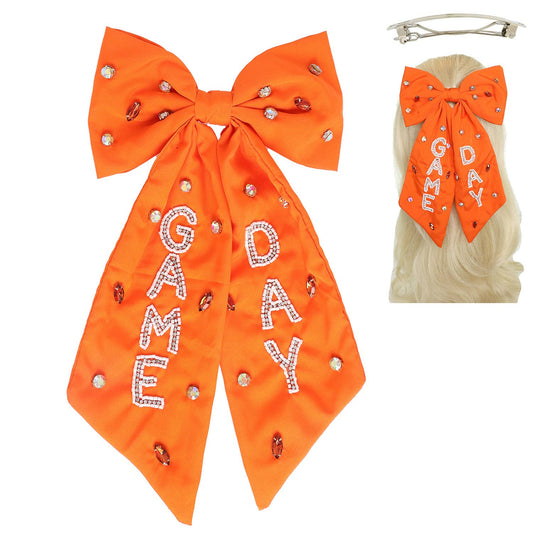 Game Day Bead Gemstone Bow Barrette Hair Clip : Orange & White