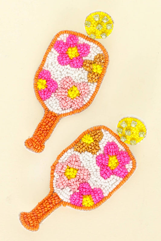 Floral Pickleball Paddle Seed Beaded Post Earrings